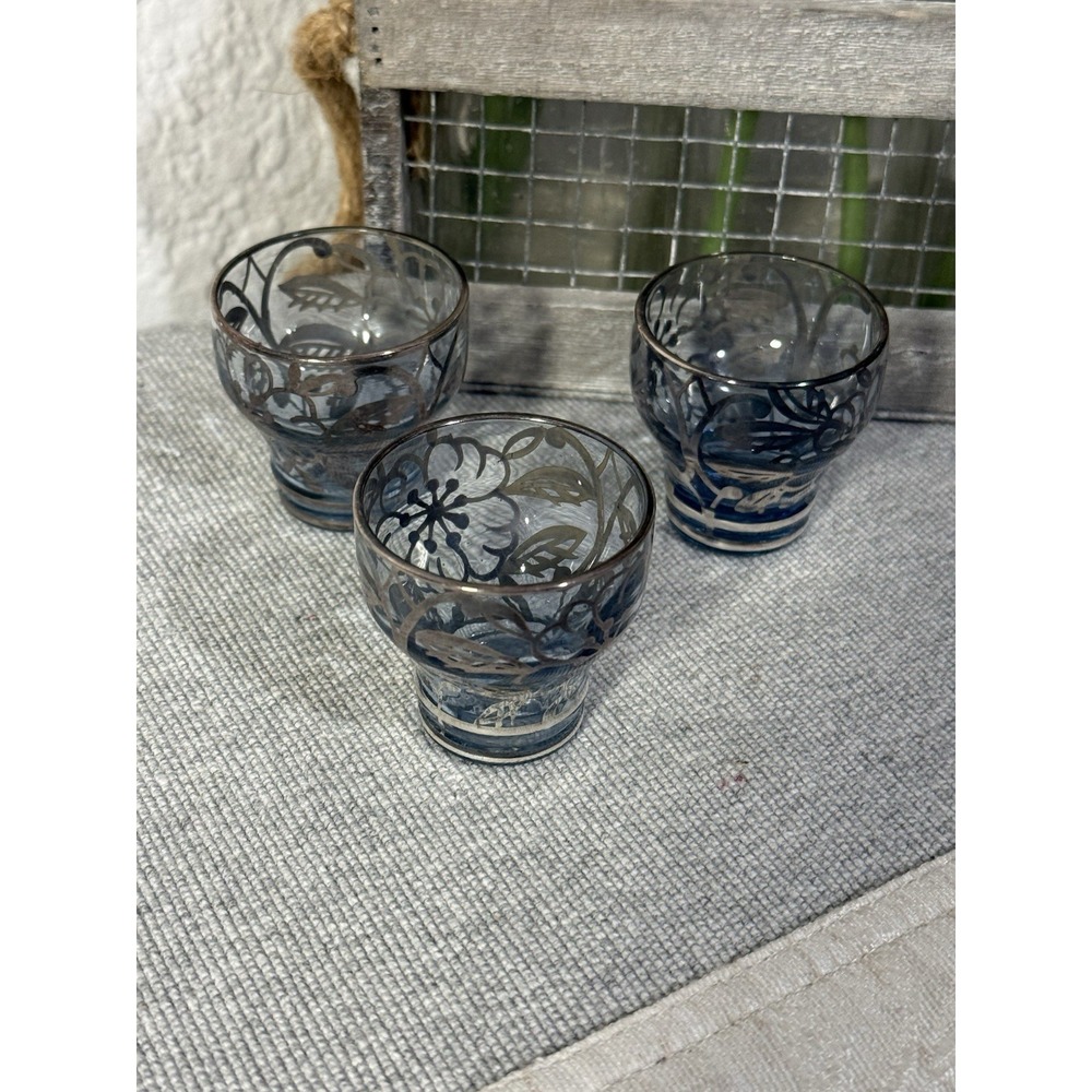 Vintage Smokey Blue Glass Silver Overlay Floral Shot Cordial Cups Set of 3